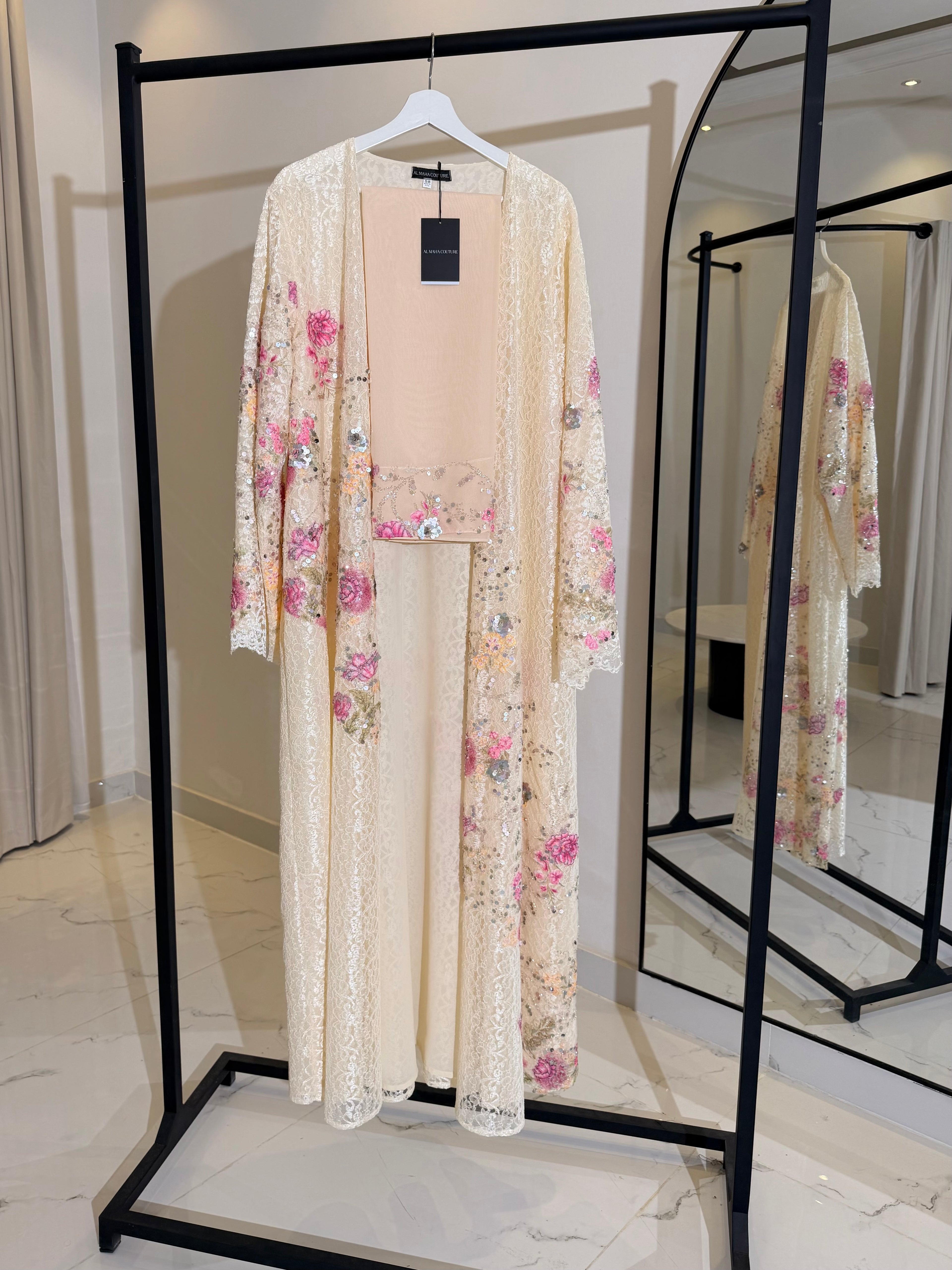 Sima Floral Lace Luxury Abaya with Sheila - Beige