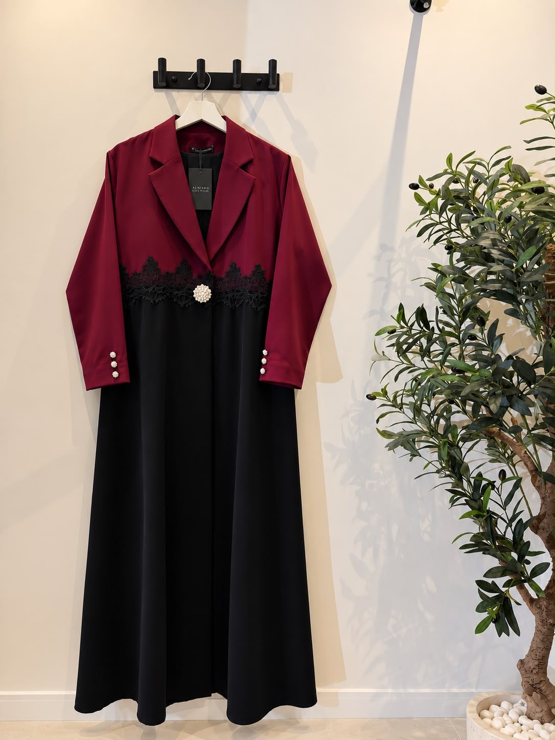 Abaya Black lace - Burgundy
