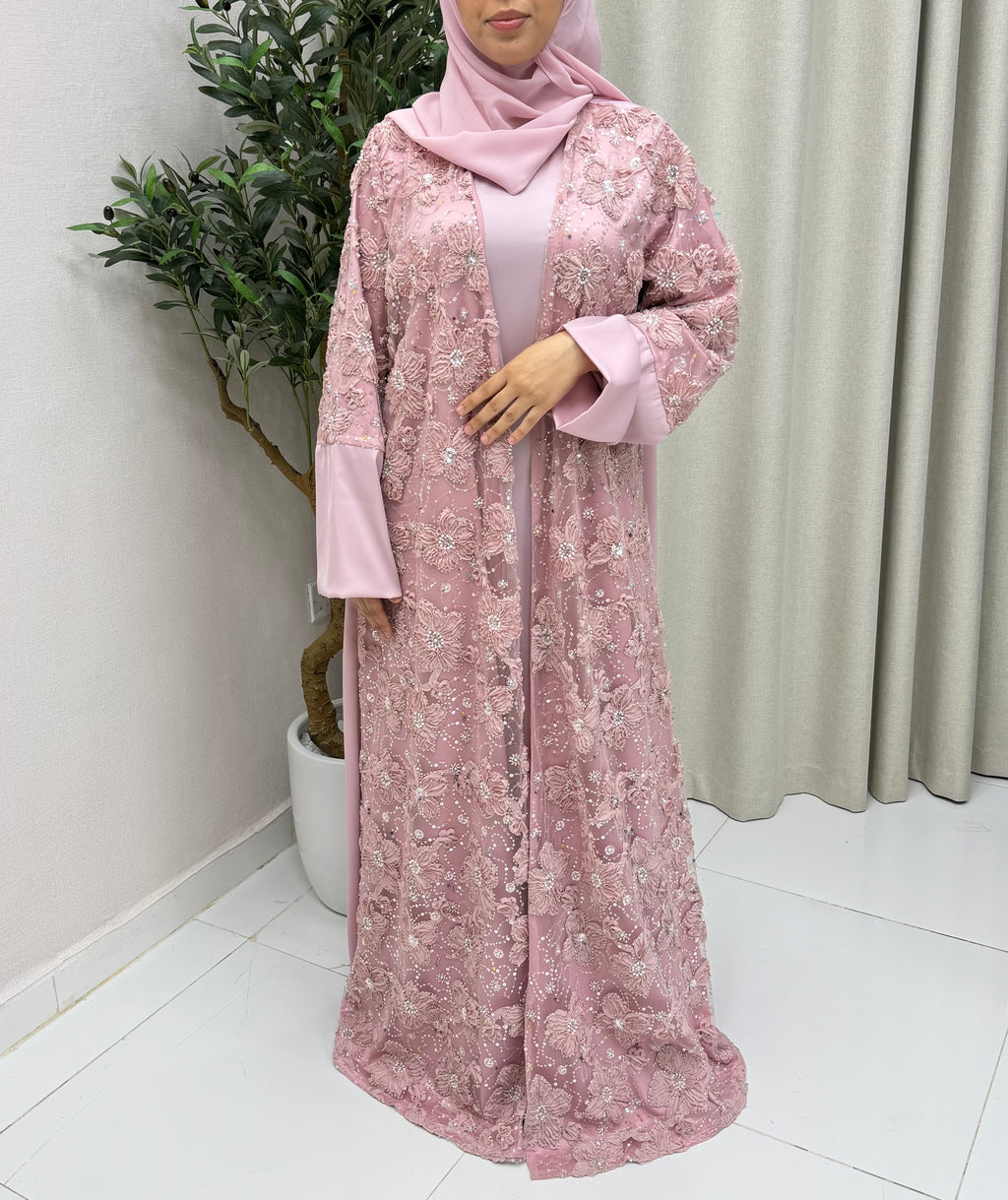 Aseel Full Pearl & Strass Luxury Set – Abaya, Dress & Sheila