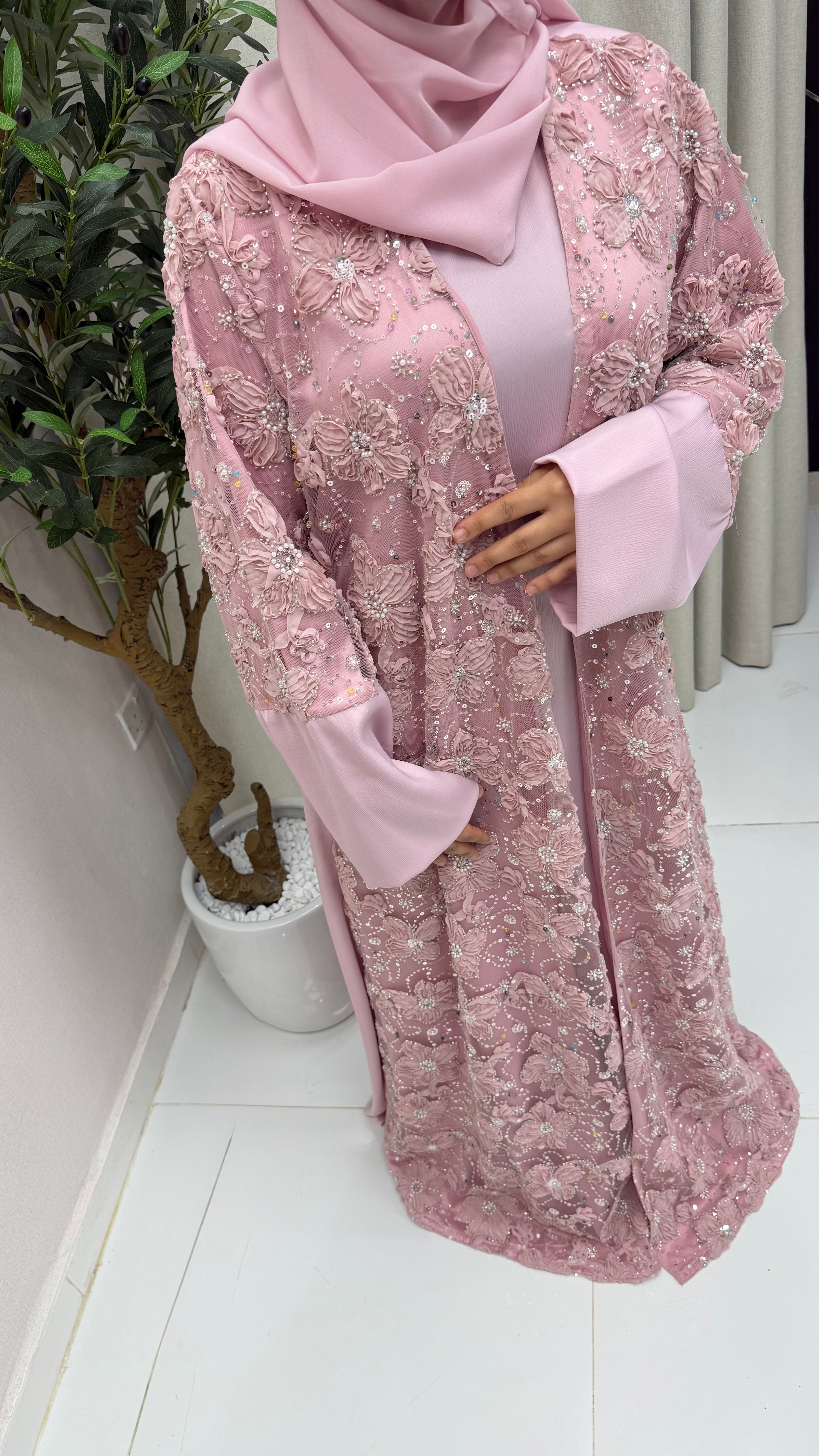 Aseel Full Pearl & Strass Luxury Set – Abaya, Dress & Sheila