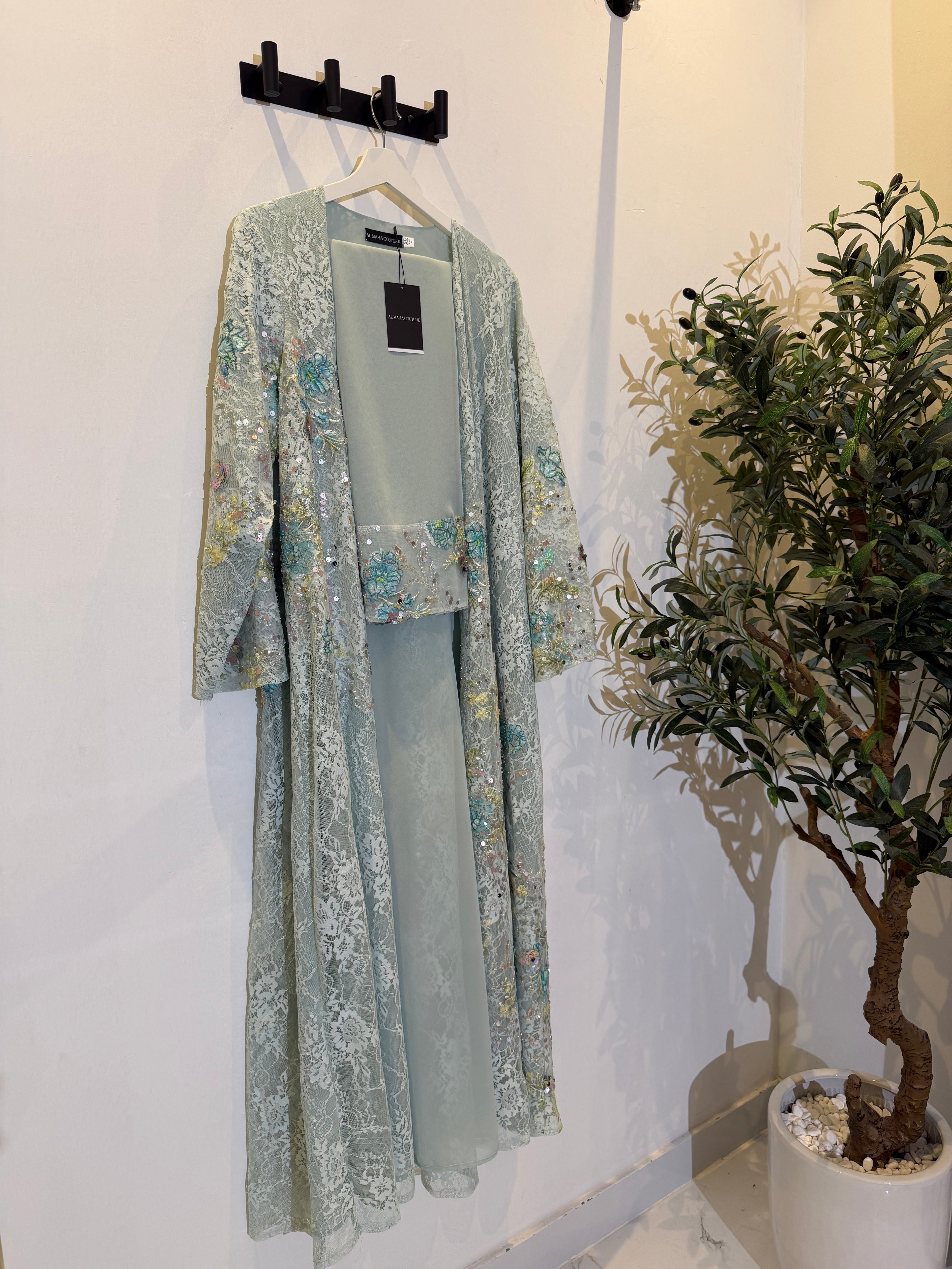 Sima Floral Lace Luxury Abaya with Sheila - Sage Green 💚