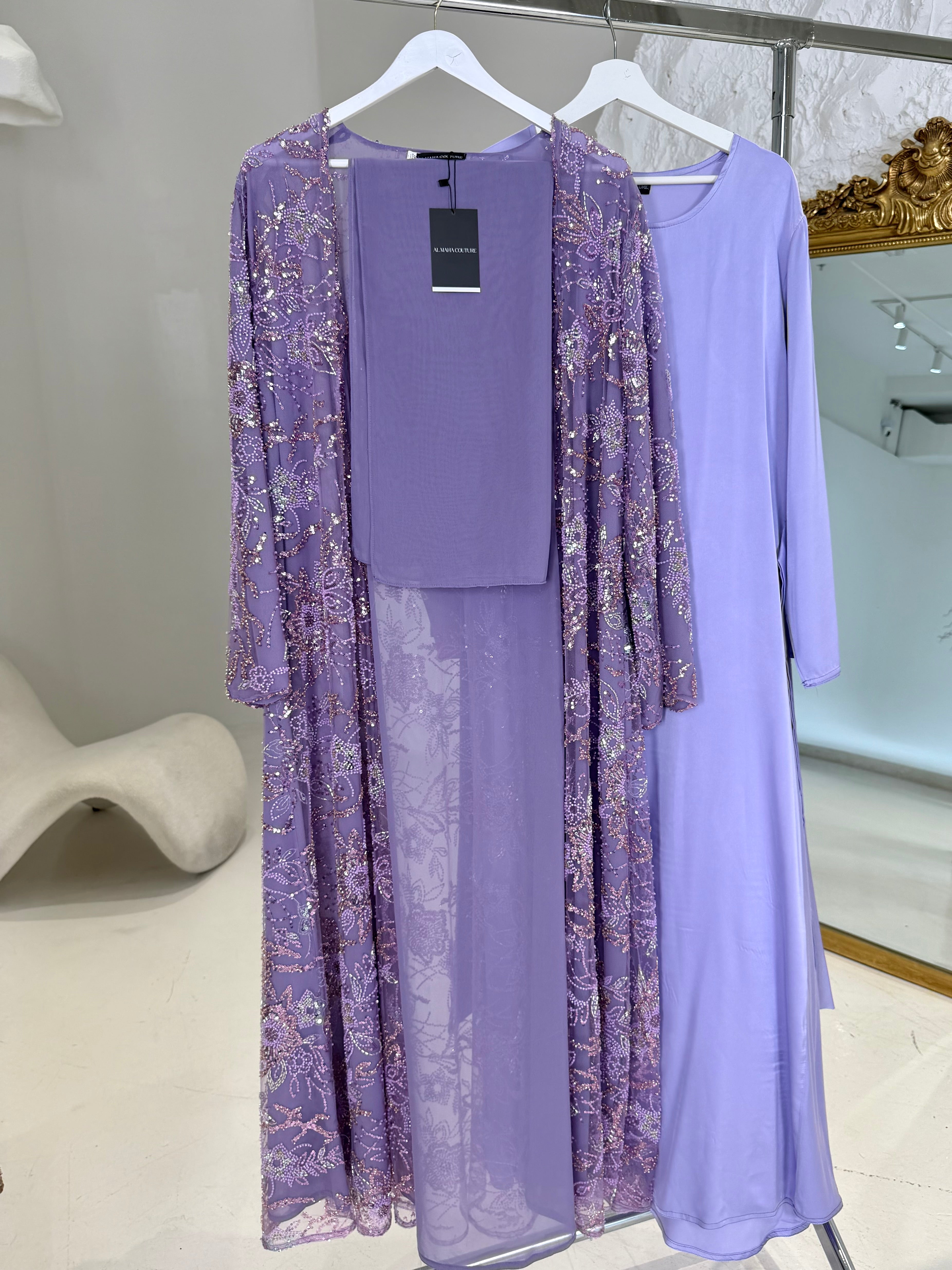 Reem Full Pearl & Strass Luxury Set – Abaya, Dress & Sheila