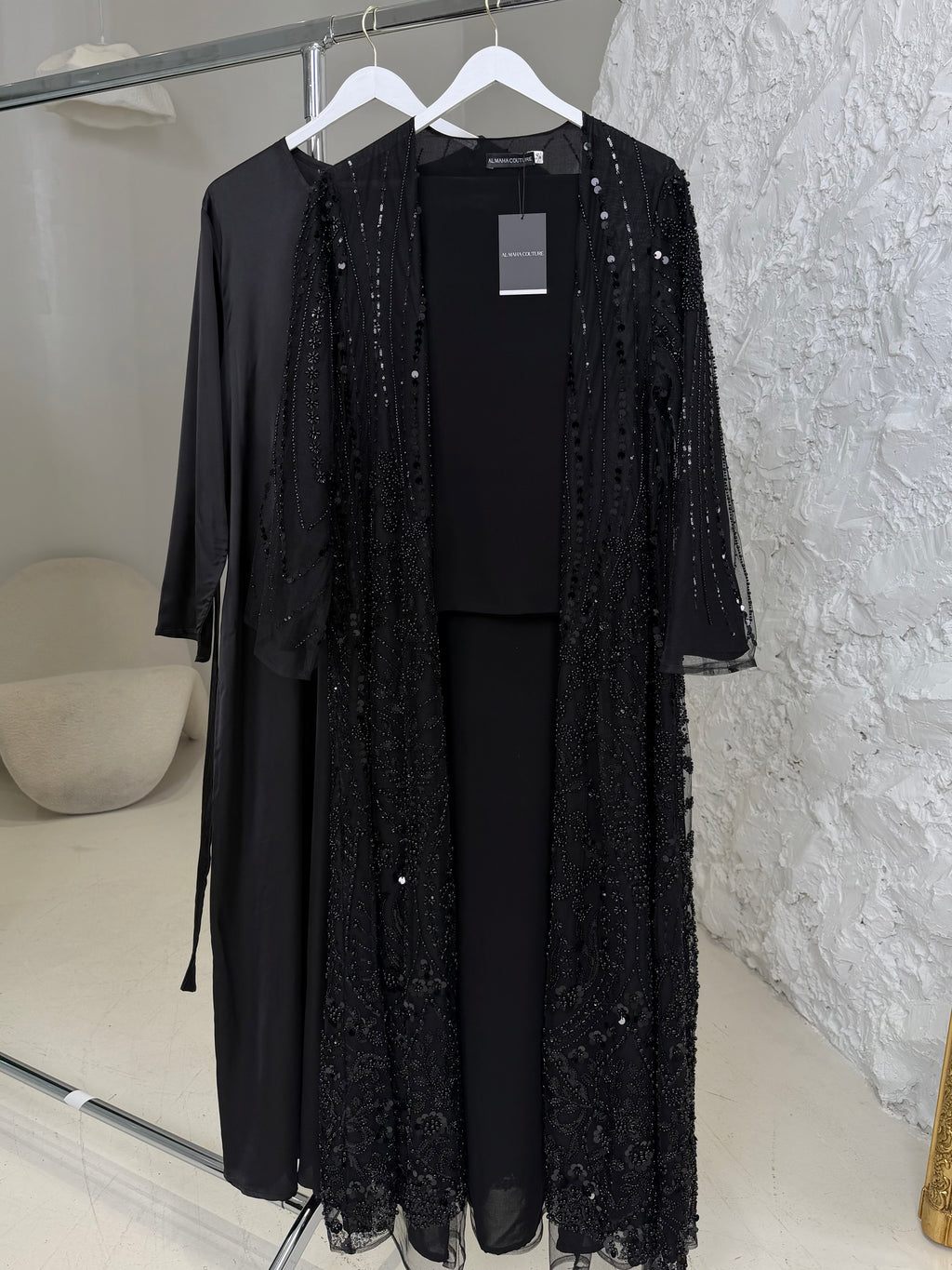 Reem Full Pearl & Strass Luxury Set – Abaya, Dress & Sheila