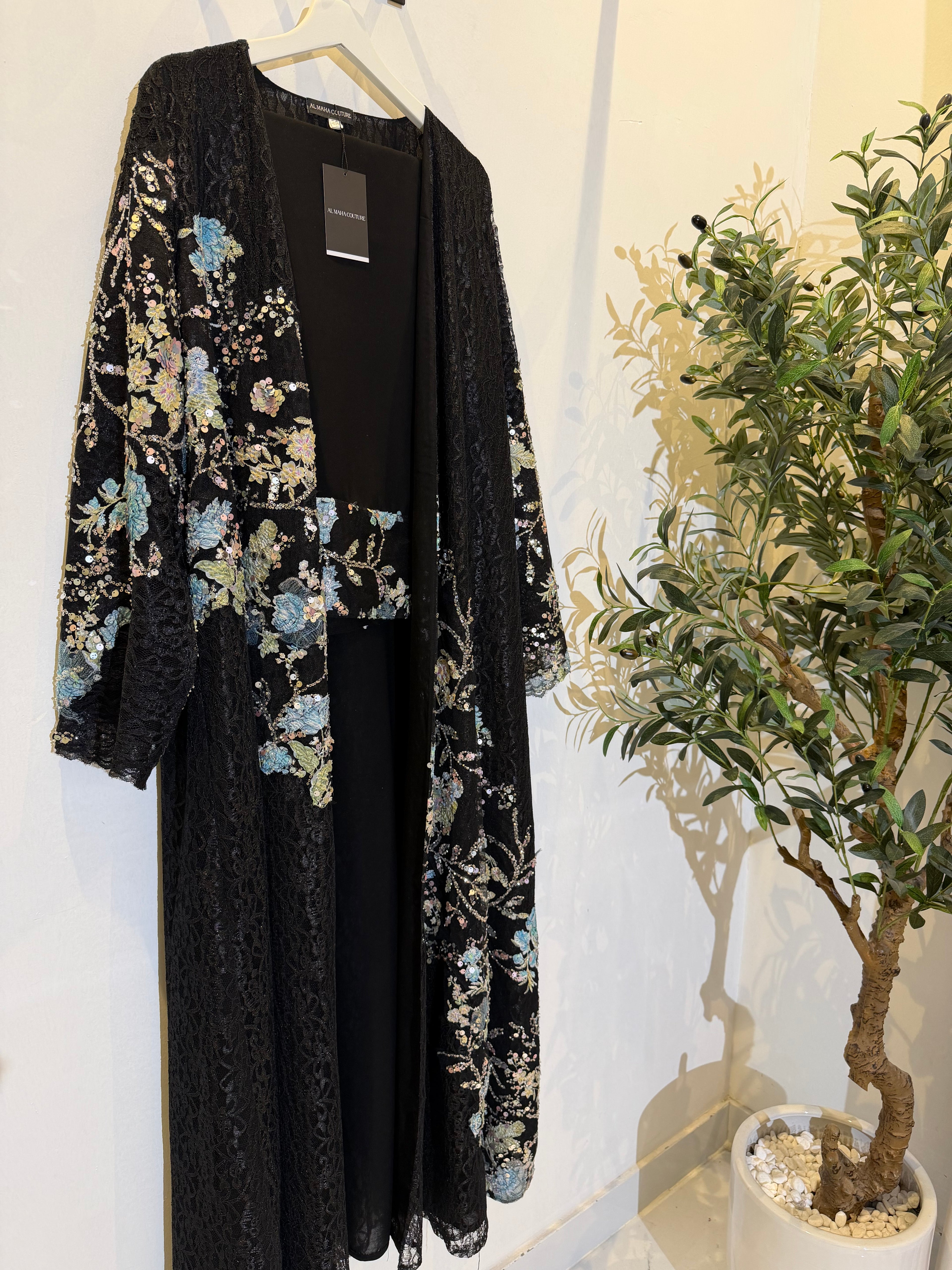 Sima Floral Lace Luxury Abaya with Sheila - Black & Blue 🦋