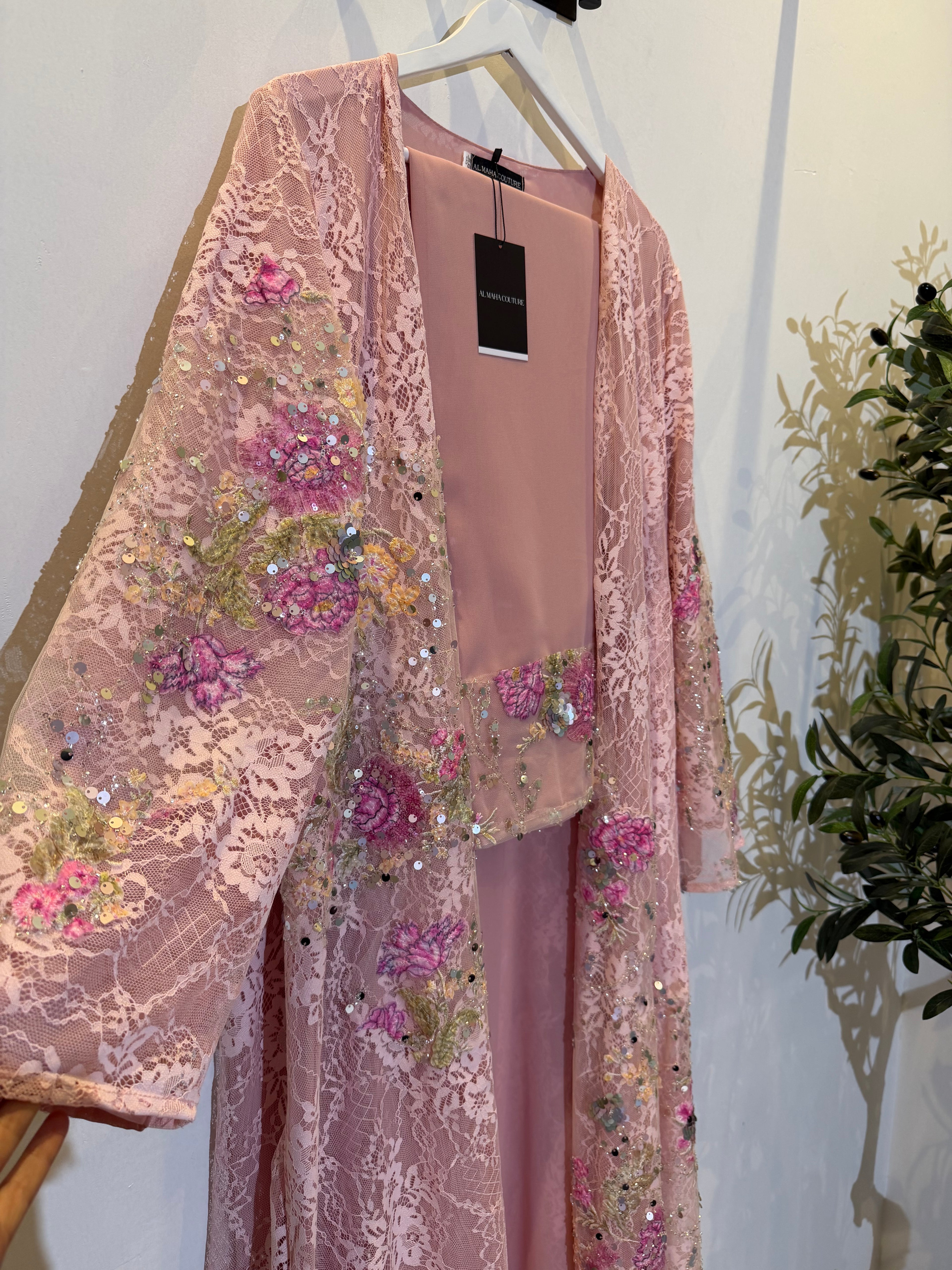 Sima Floral Lace Luxury Abaya with Sheila - Pink 🌸