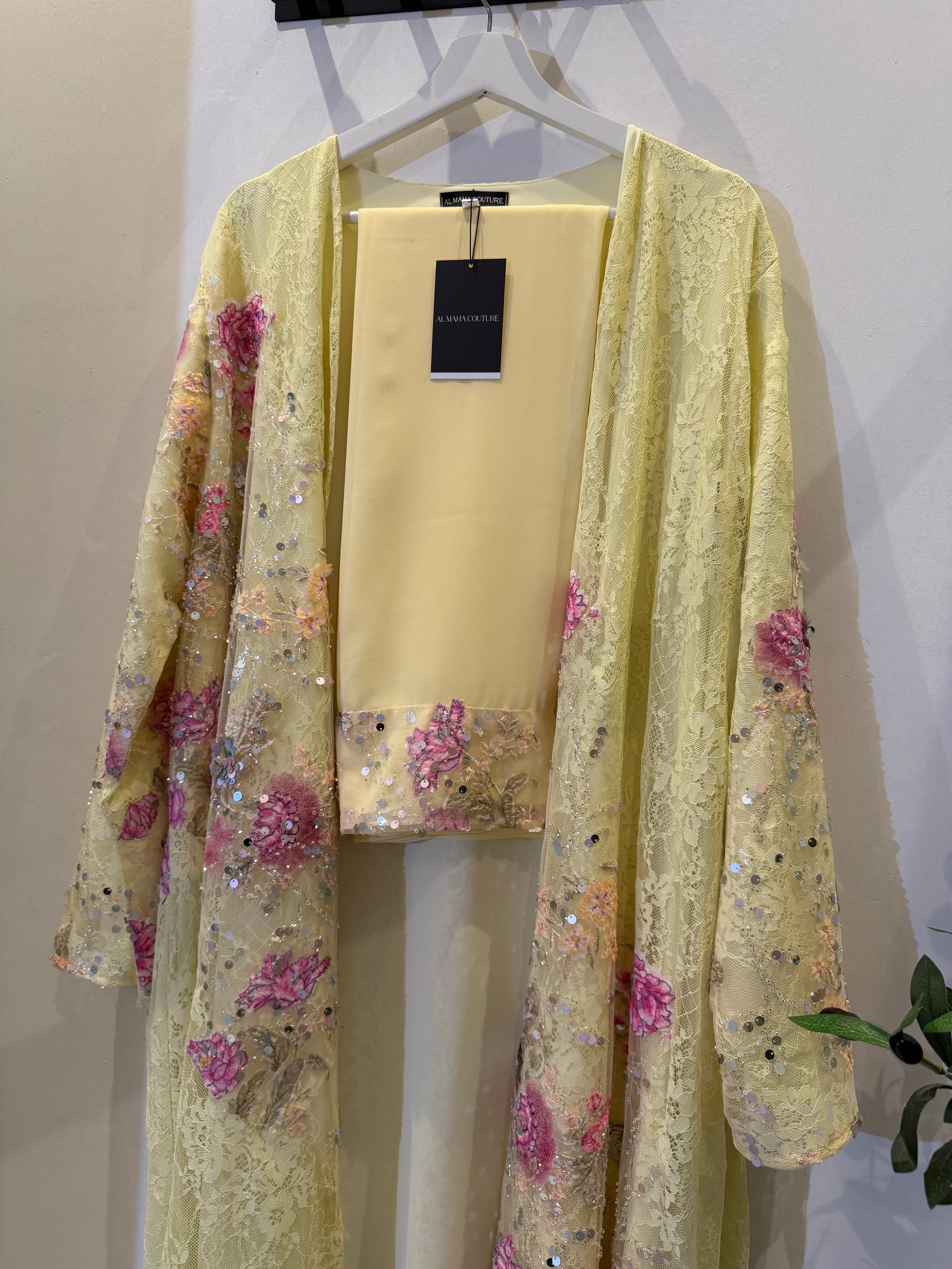 Sima Floral Lace Luxury Abaya with Sheila - Yellow 💛
