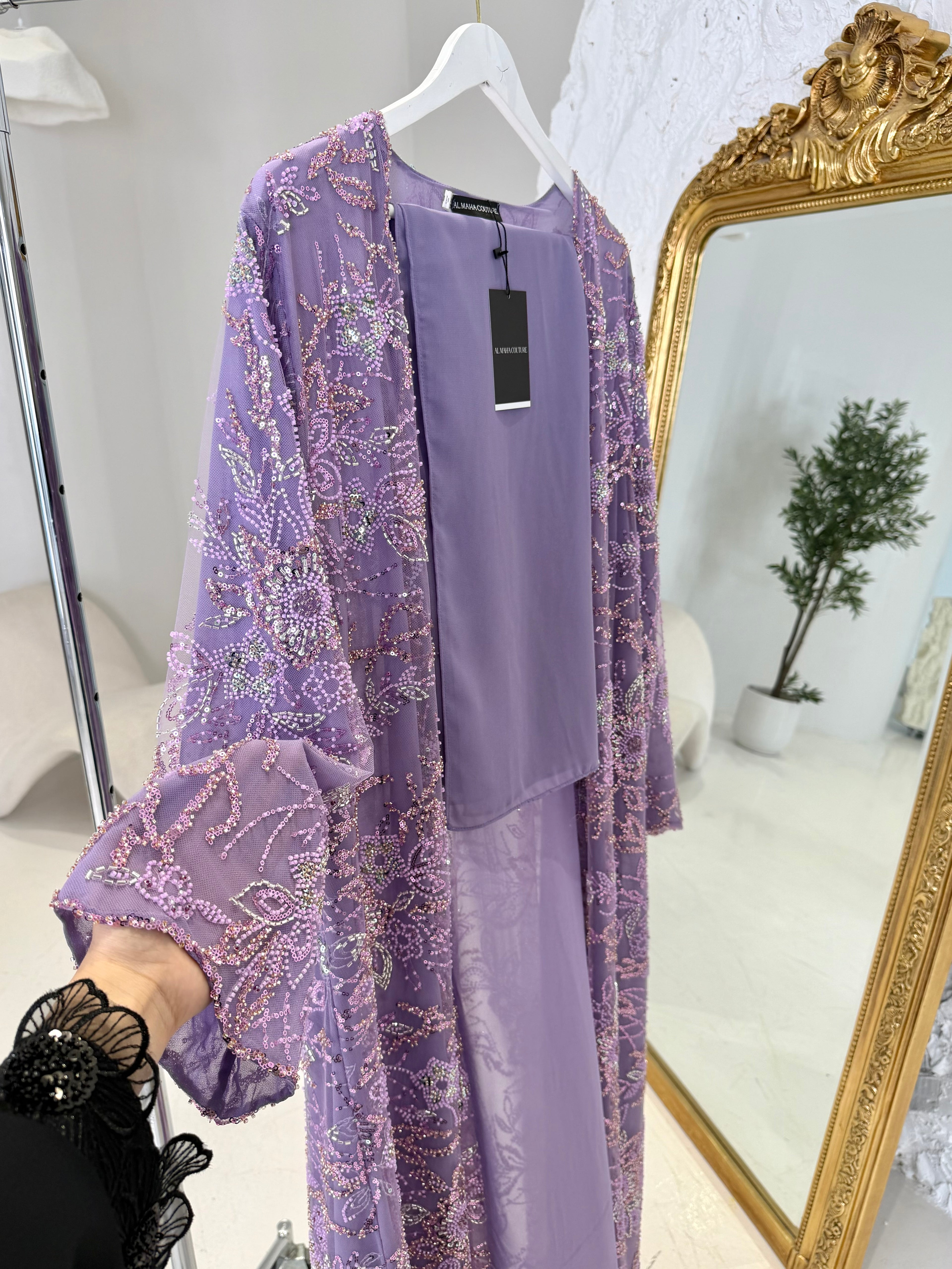 Reem Full Pearl & Strass Luxury Set – Abaya, Dress & Sheila