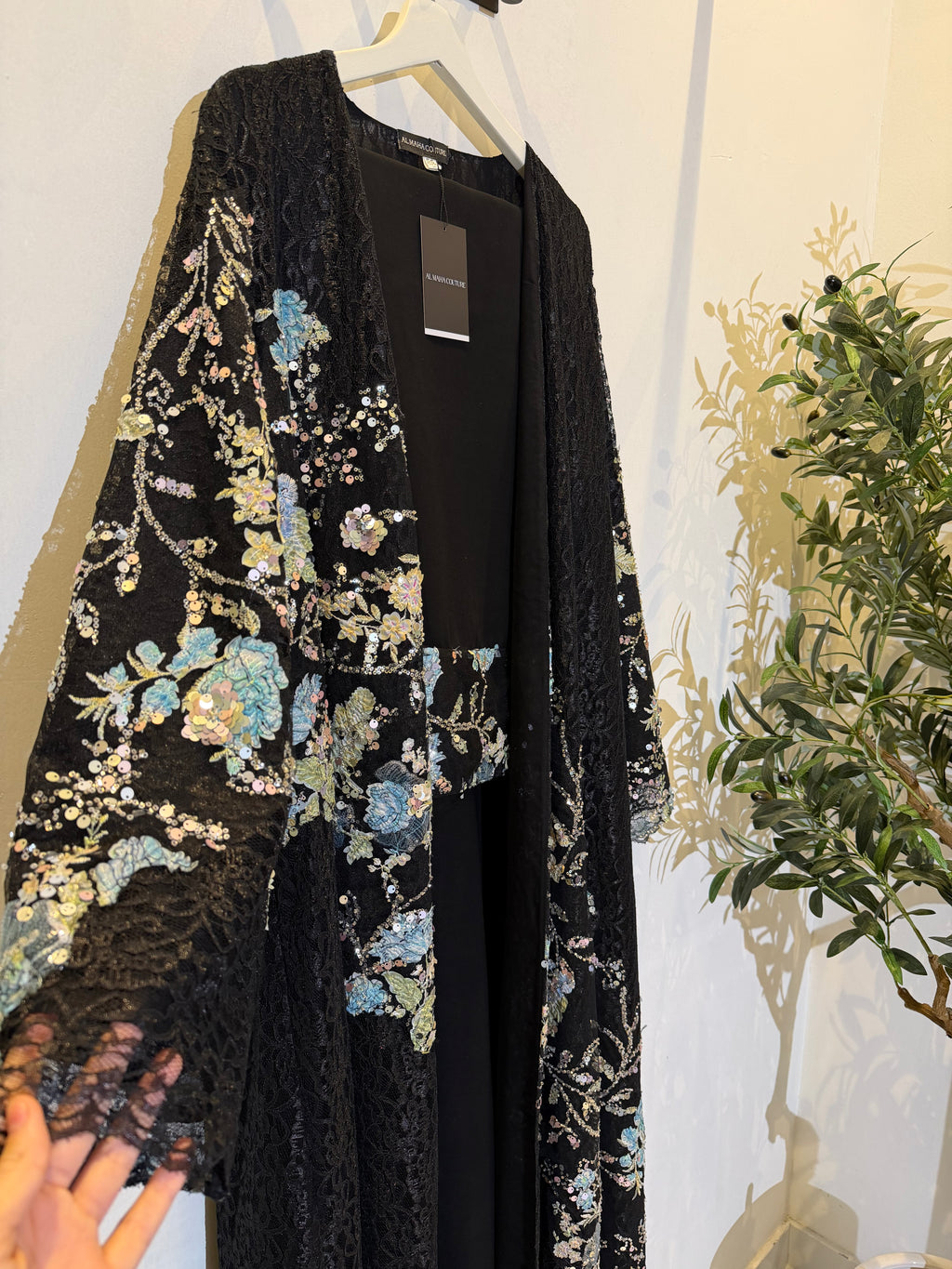 Sima Floral Lace Luxury Abaya with Sheila - Black & Blue 🦋