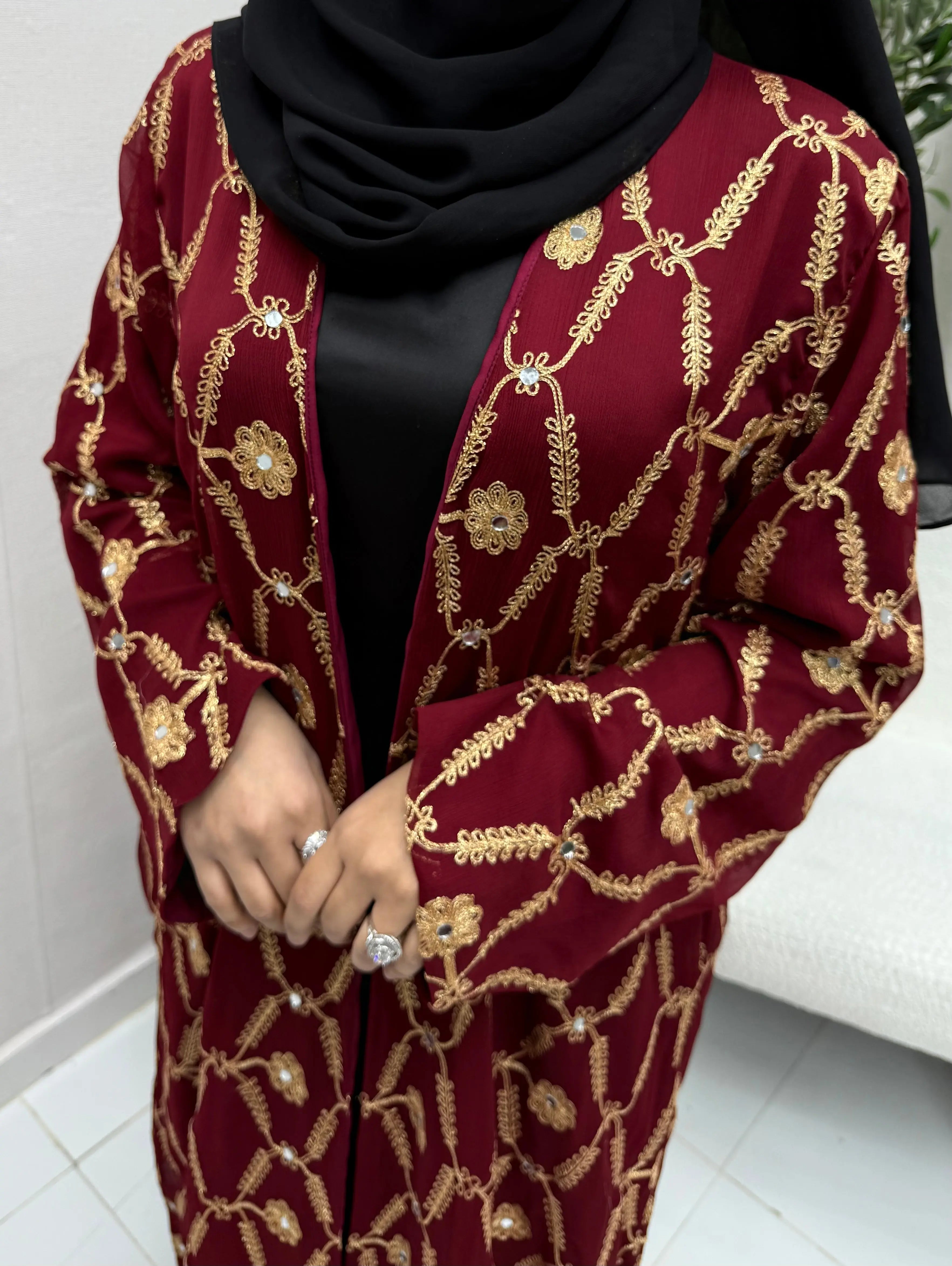 Gamra Abaya - Burgundy Embroidered Luxury Al Maha Couture