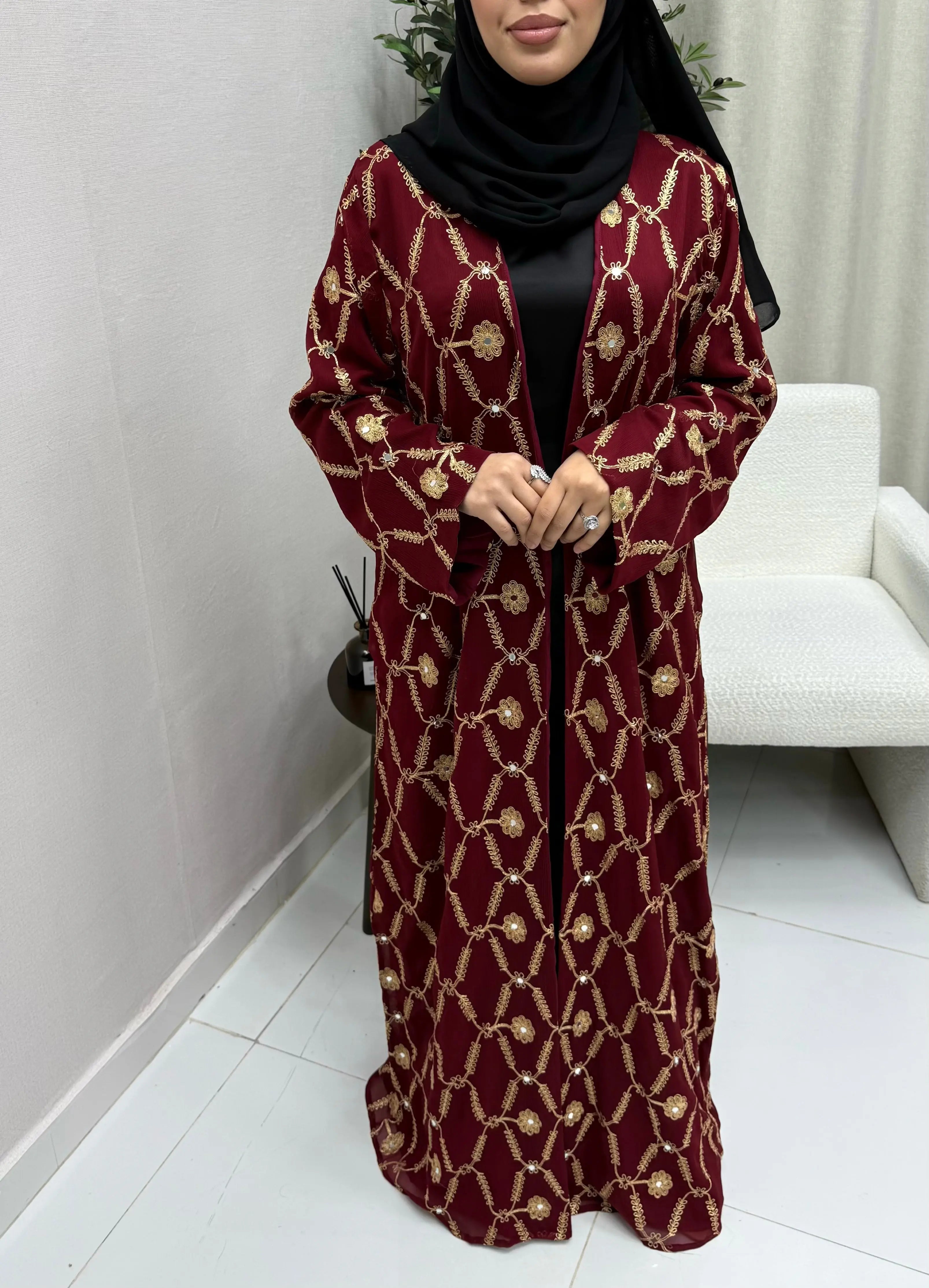 Gamra Abaya - Burgundy Embroidered Luxury Al Maha Couture