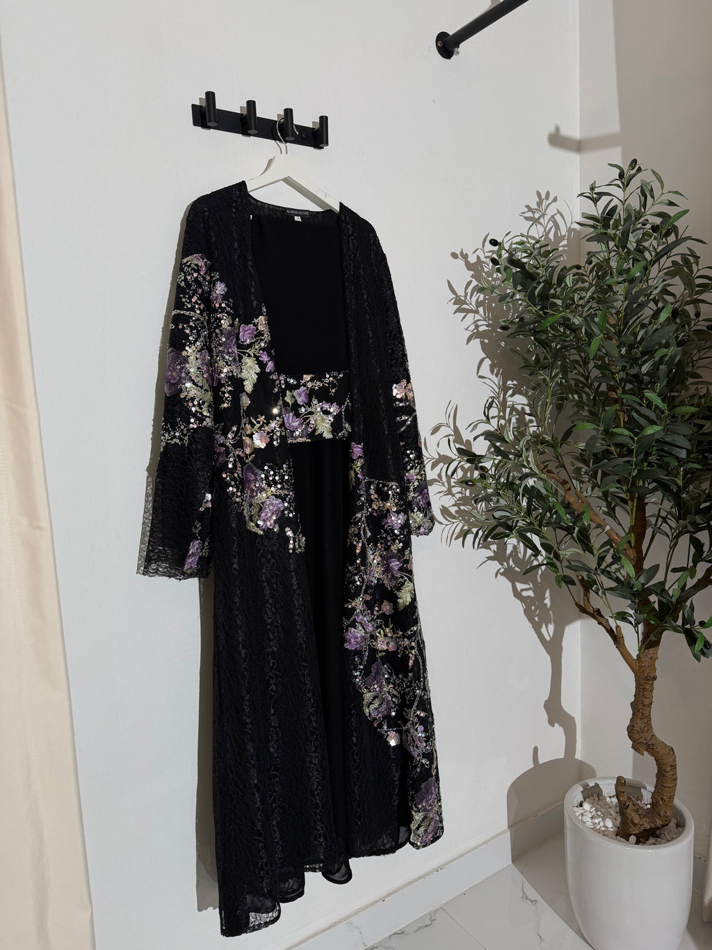 Sima Floral Lace Luxury Abaya with Sheila - Black & Purple 💜