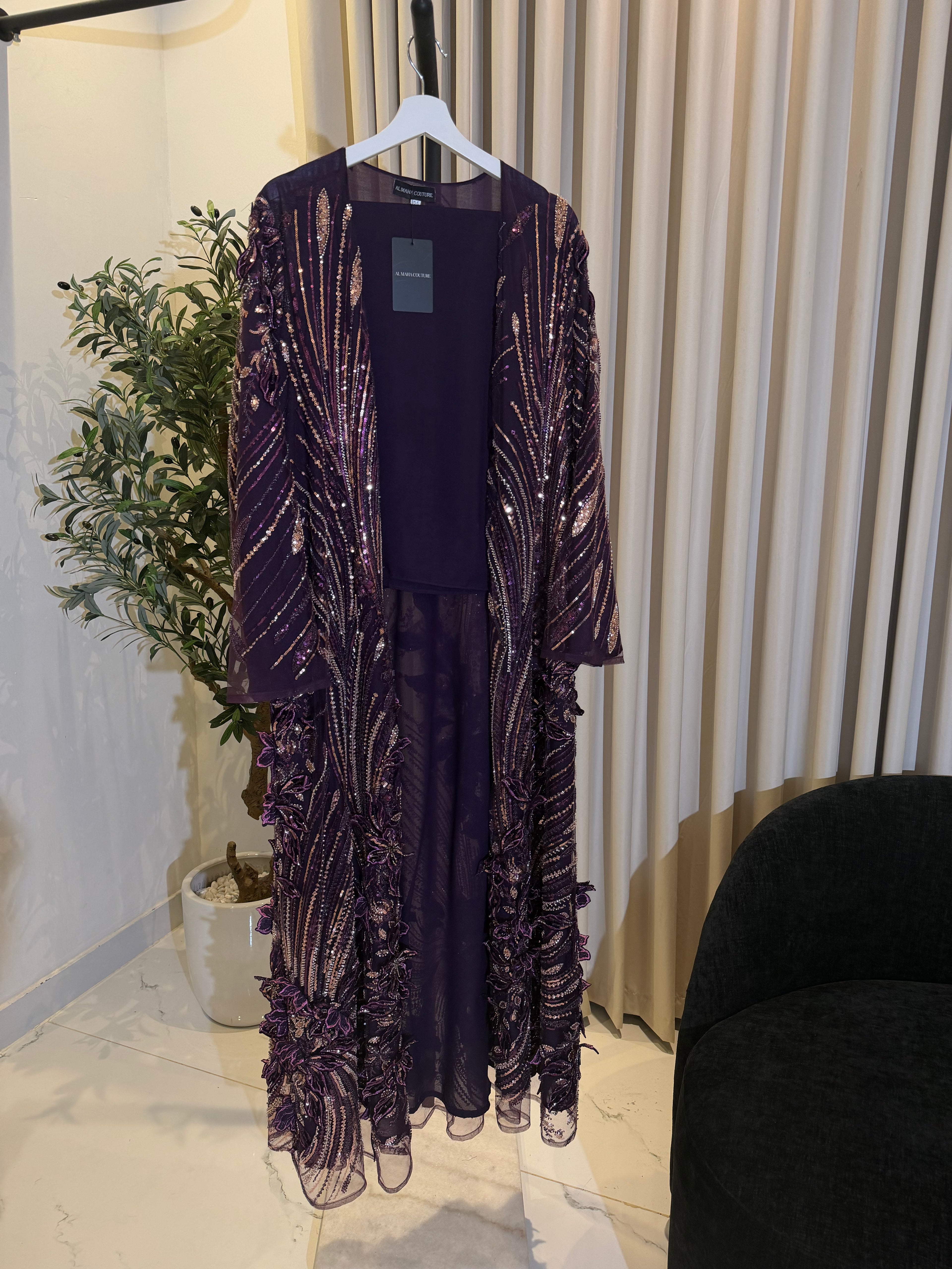 3D Floral Luxury Abaya Set - Purple
