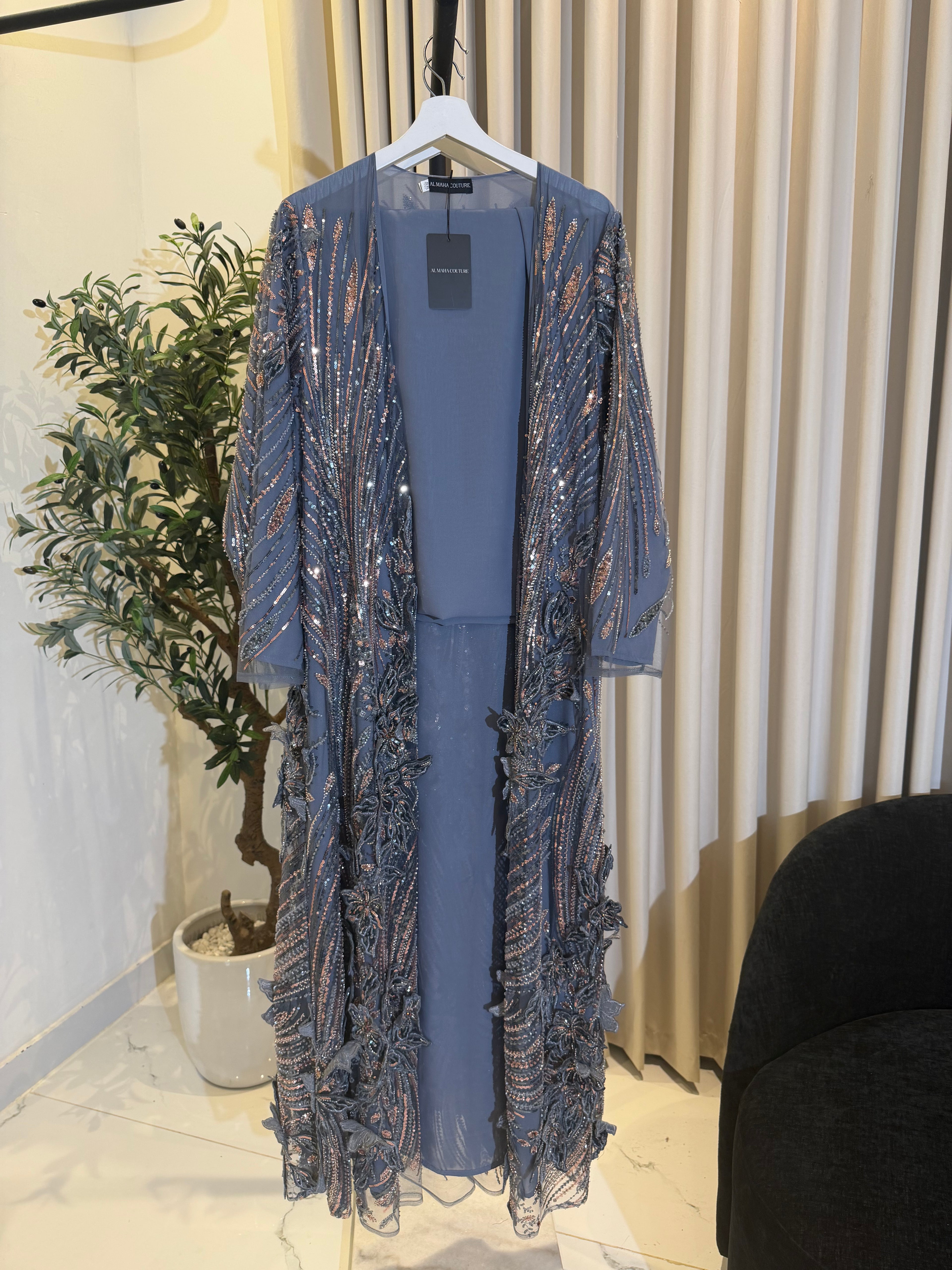 3D Floral Luxury Abaya Set - Gray