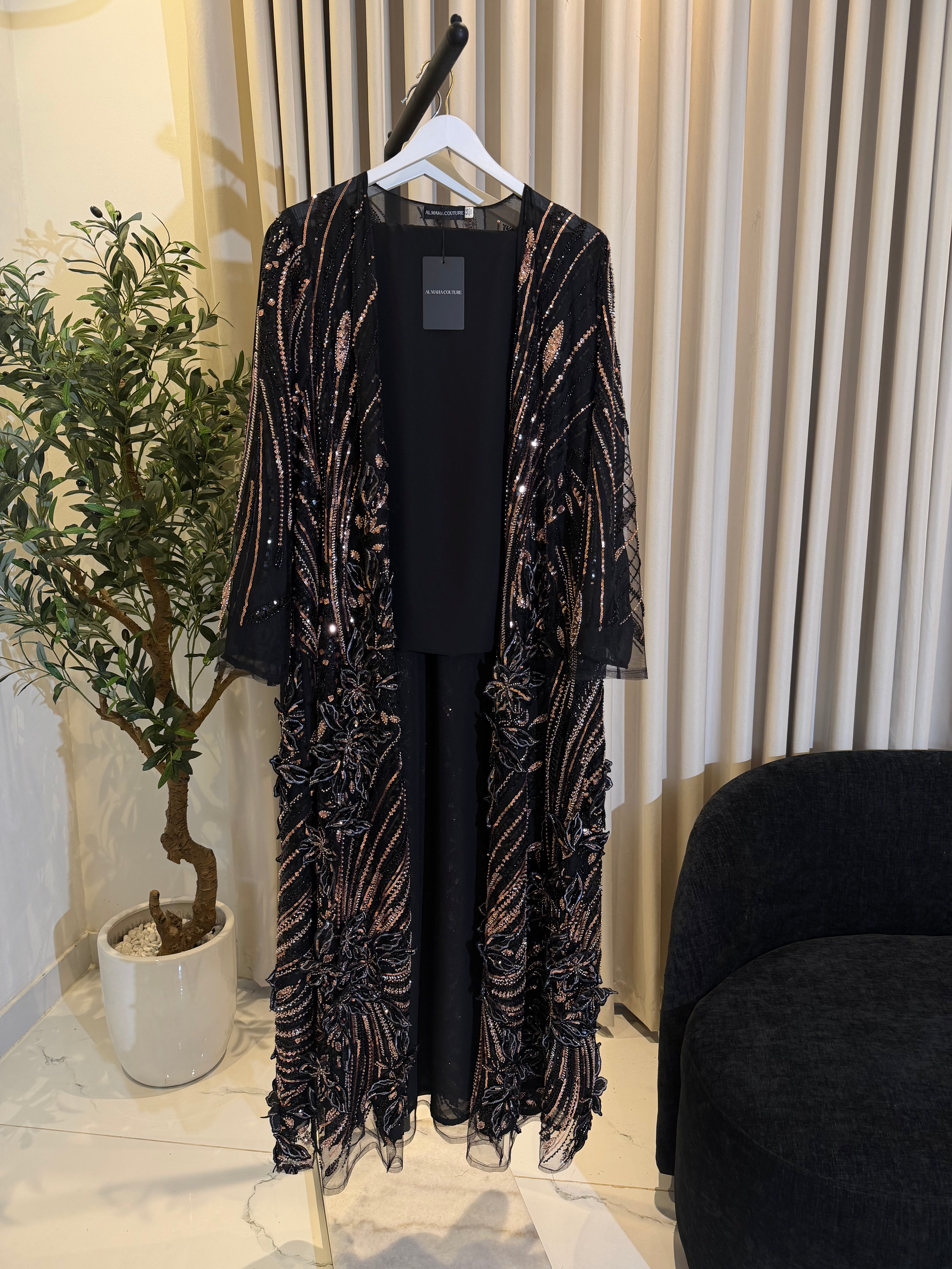 3D Floral Luxury Abaya Set - Black