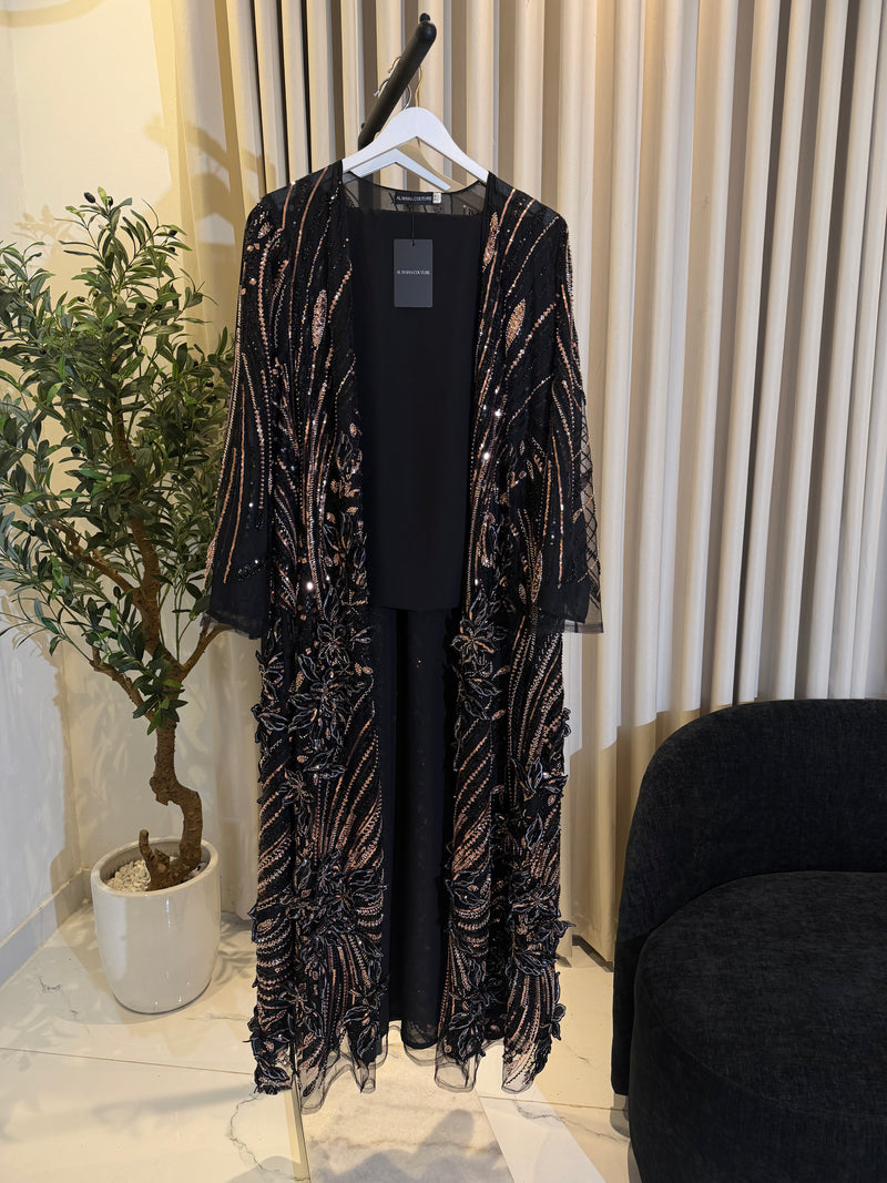3D Floral Luxury Abaya Set - Black