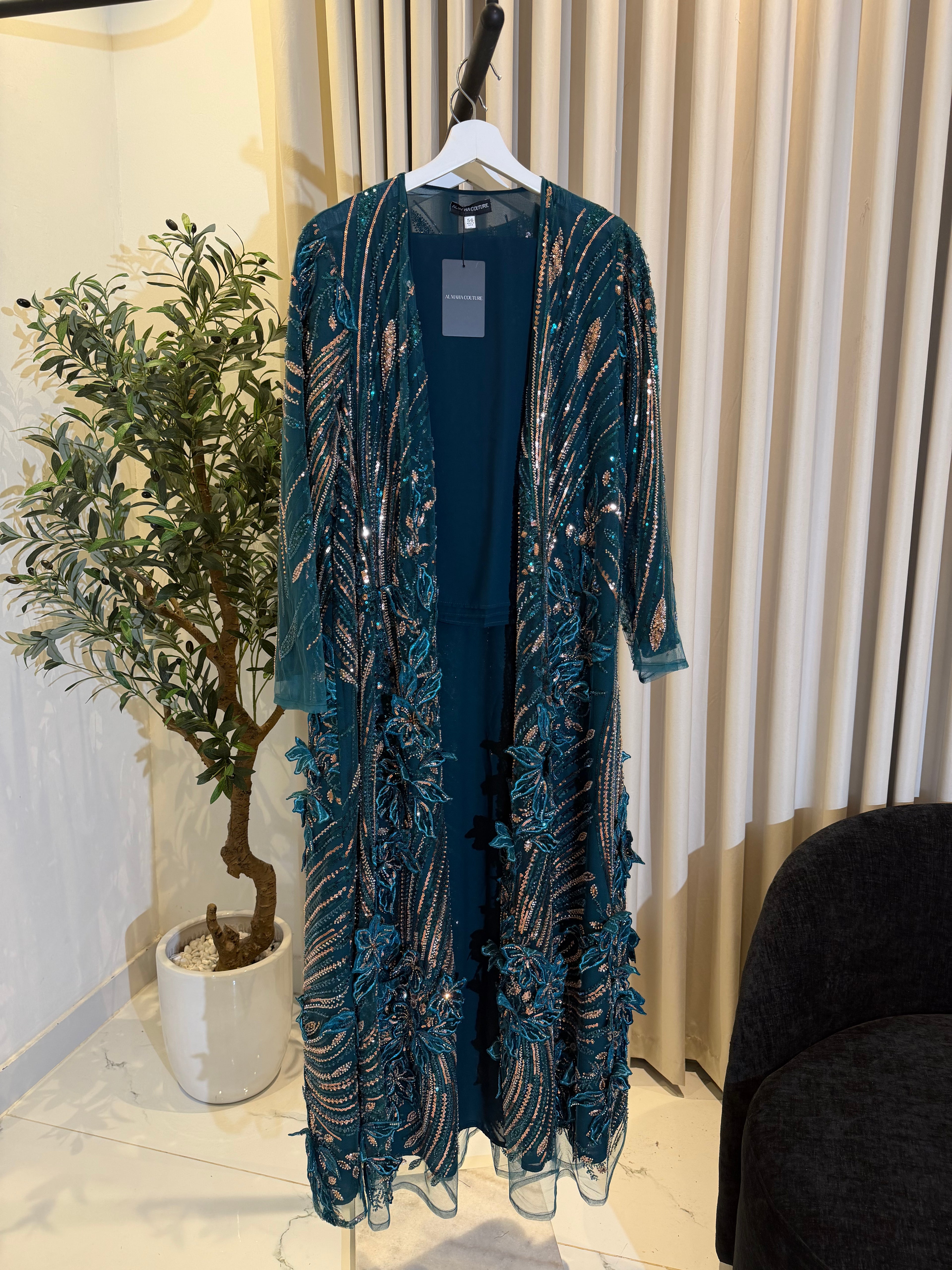 3D Floral Luxury Abaya Set - Turquoise