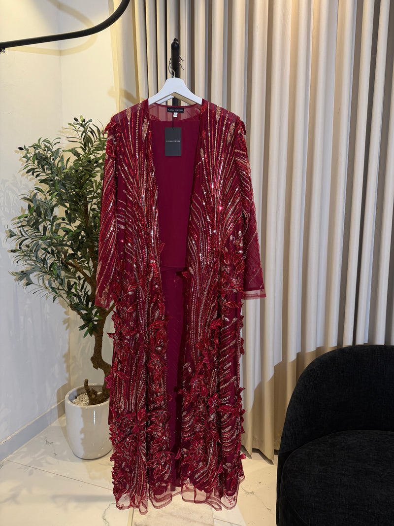 3D Floral Luxury Abaya Set - Red