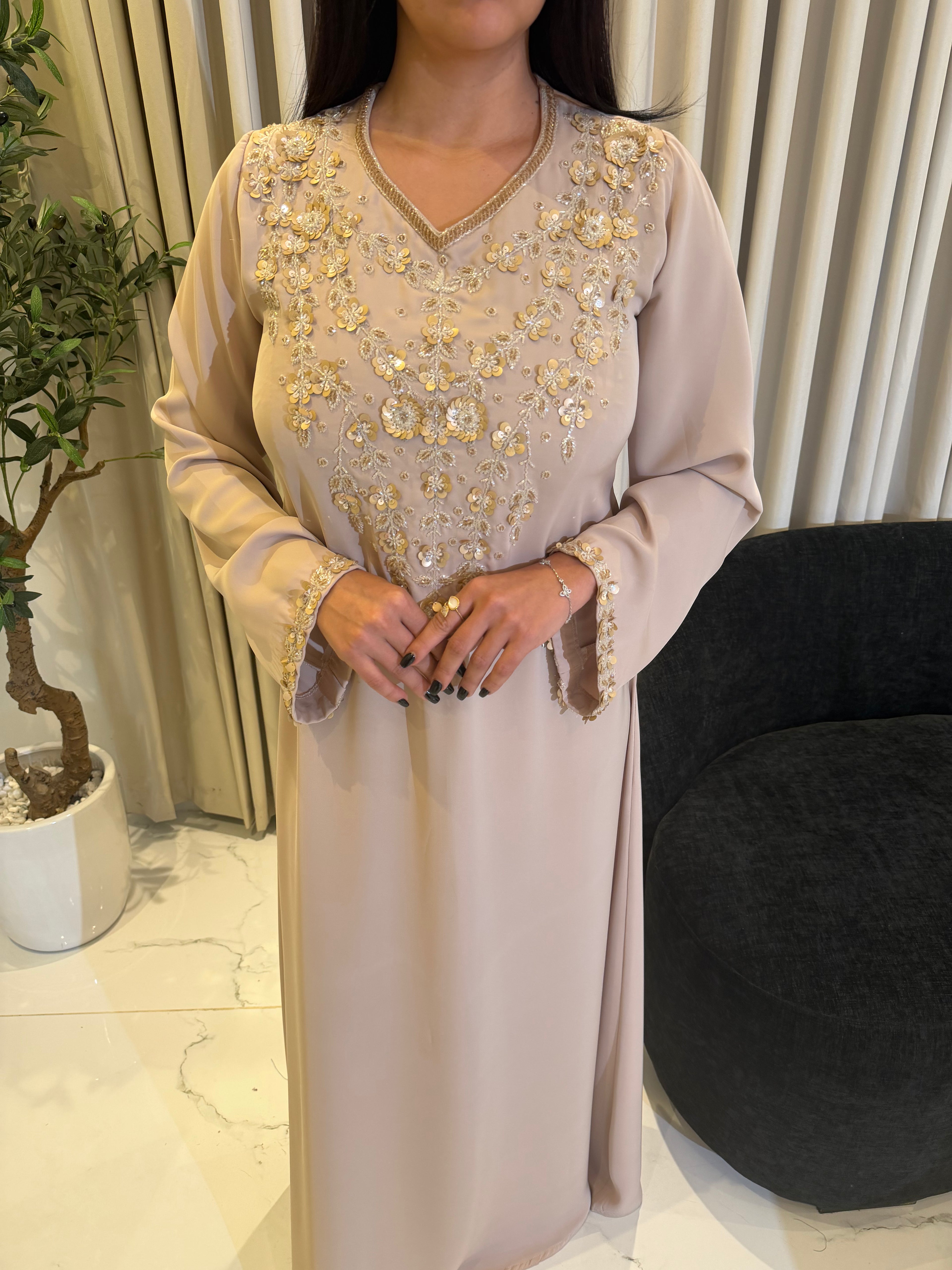Hand-Embroidered Luxury Dress -  Beige