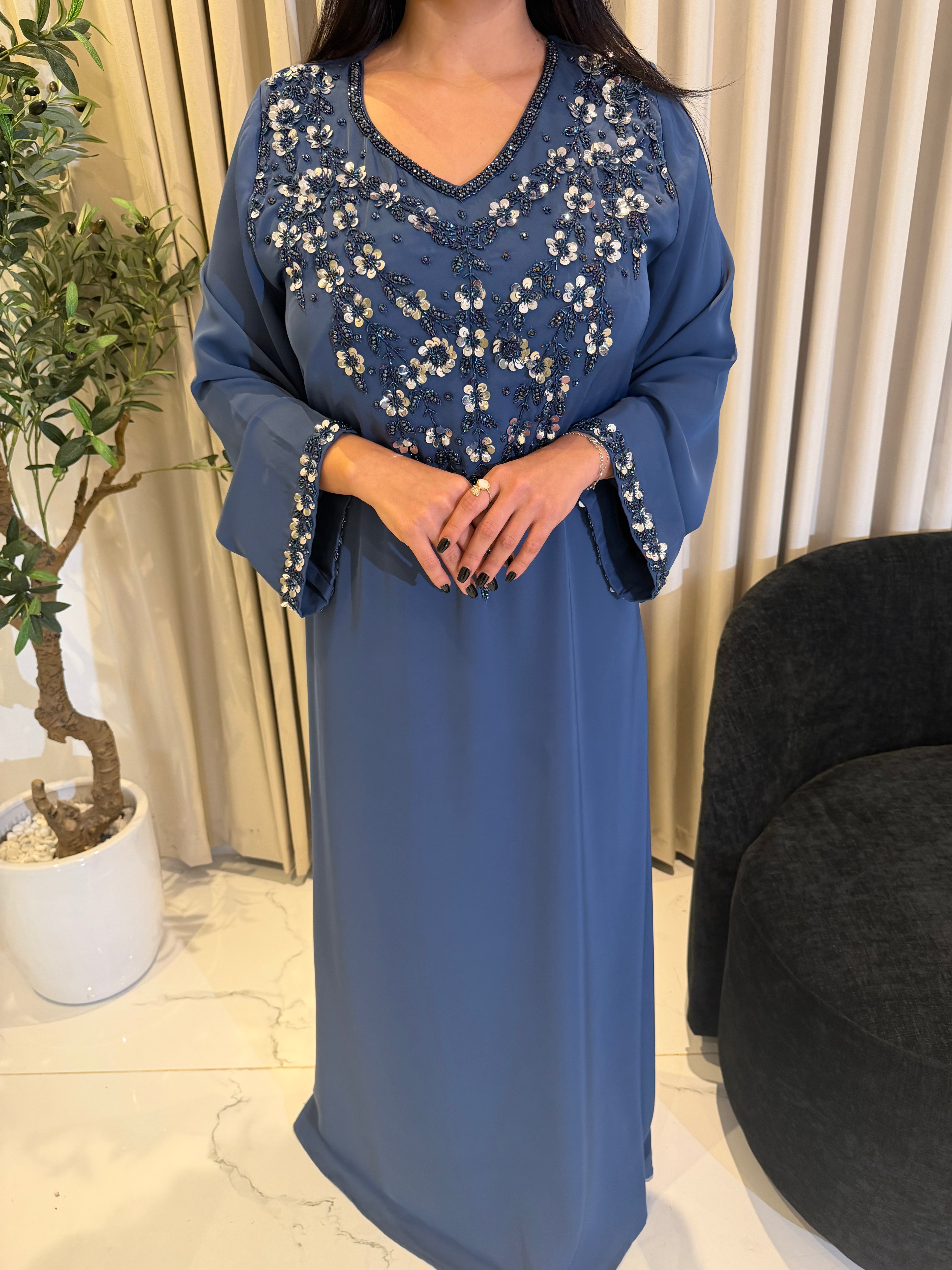 Hand-Embroidered Luxury Dress -  Navy Blue
