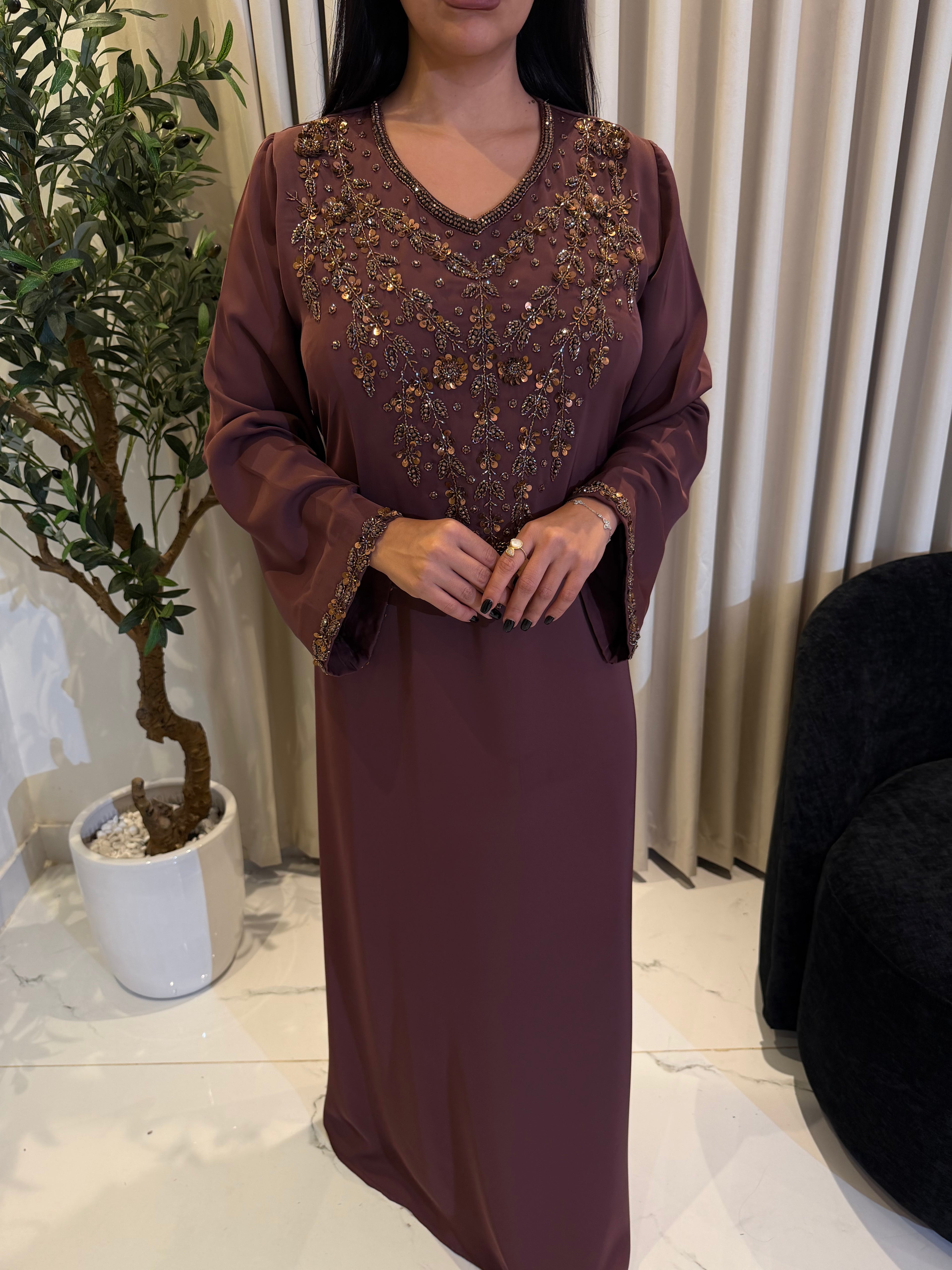 Hand-Embroidered Luxury Dress - Brown