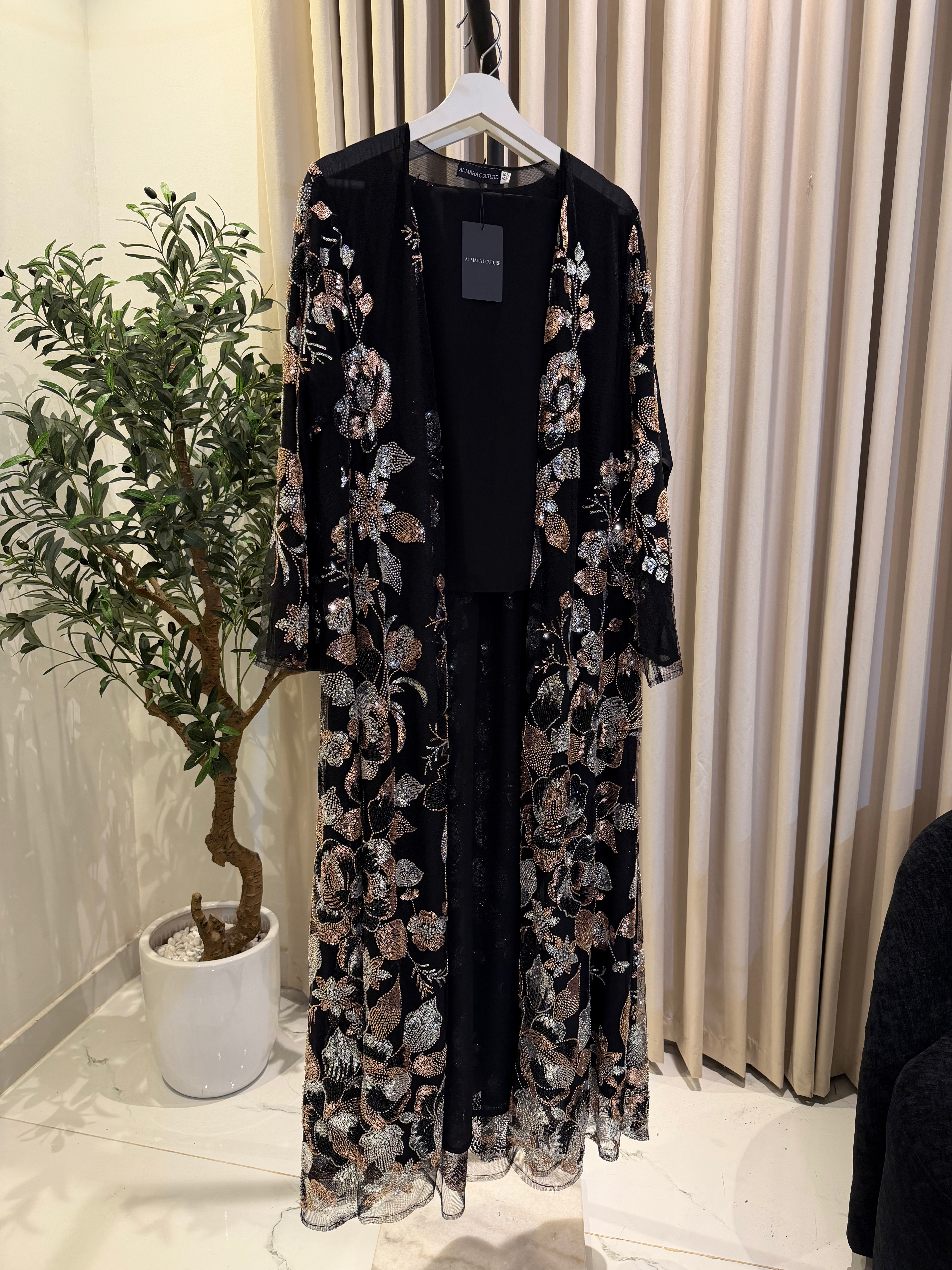 Floral Luxury Abaya Set - Black & Silver