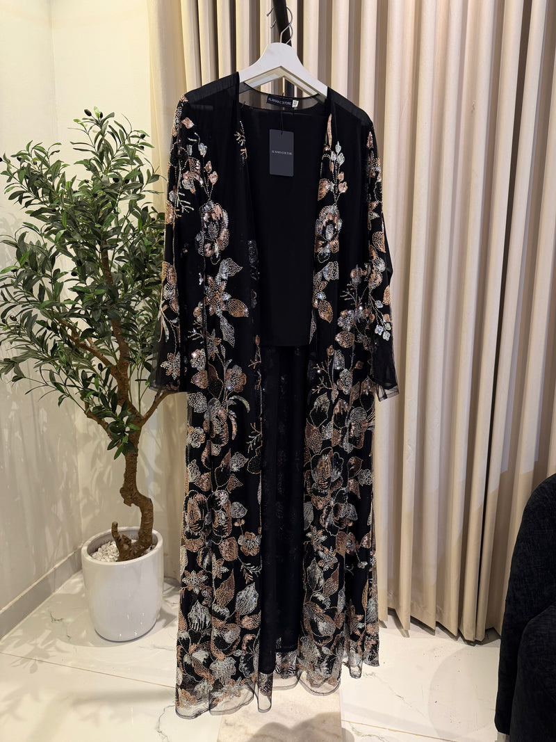 Floral Luxury Abaya Set - Black & Silver