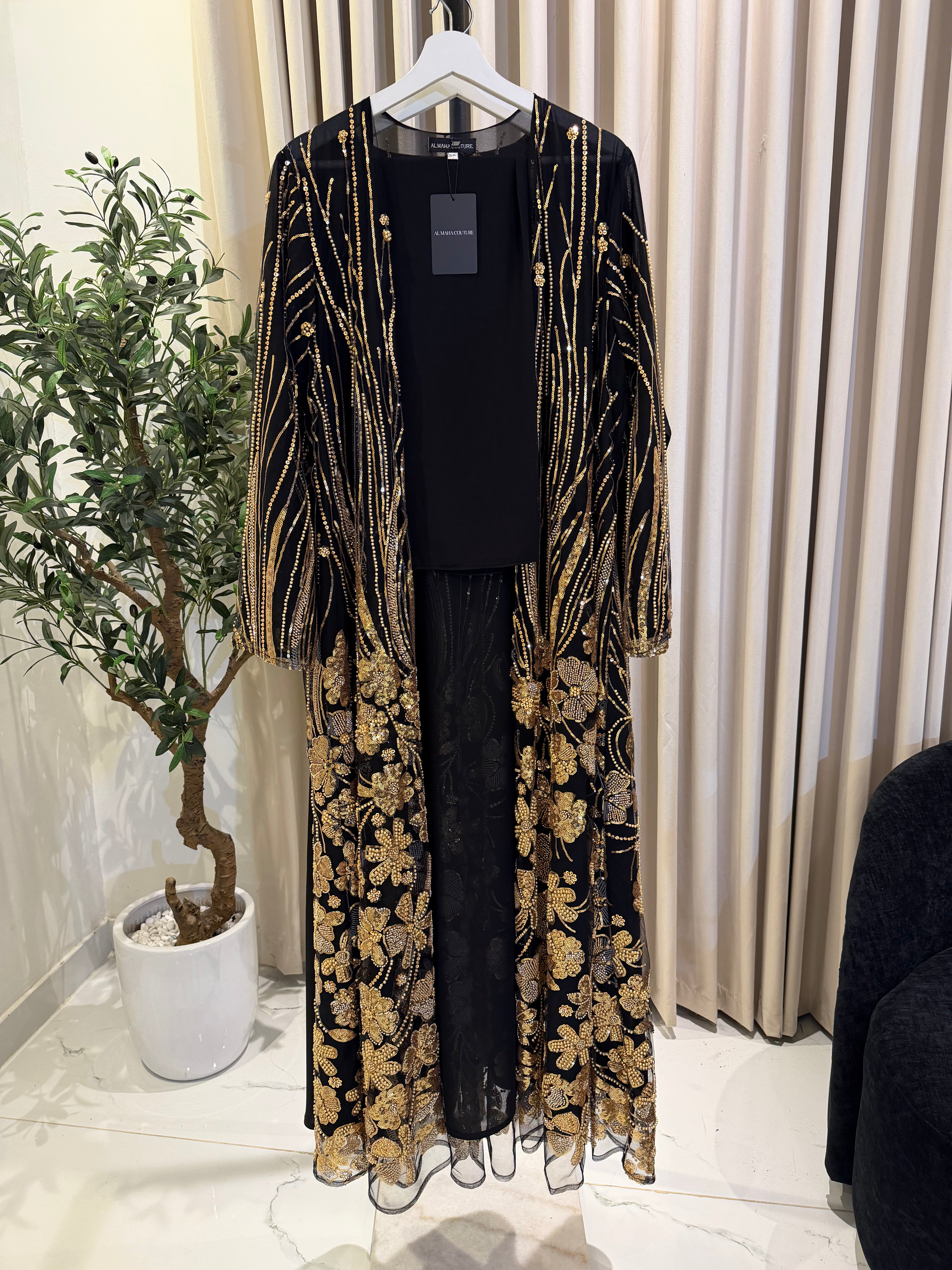 Floral Luxury Abaya Set - Black & Gold