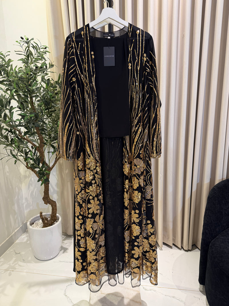 Floral Luxury Abaya Set - Black & Gold