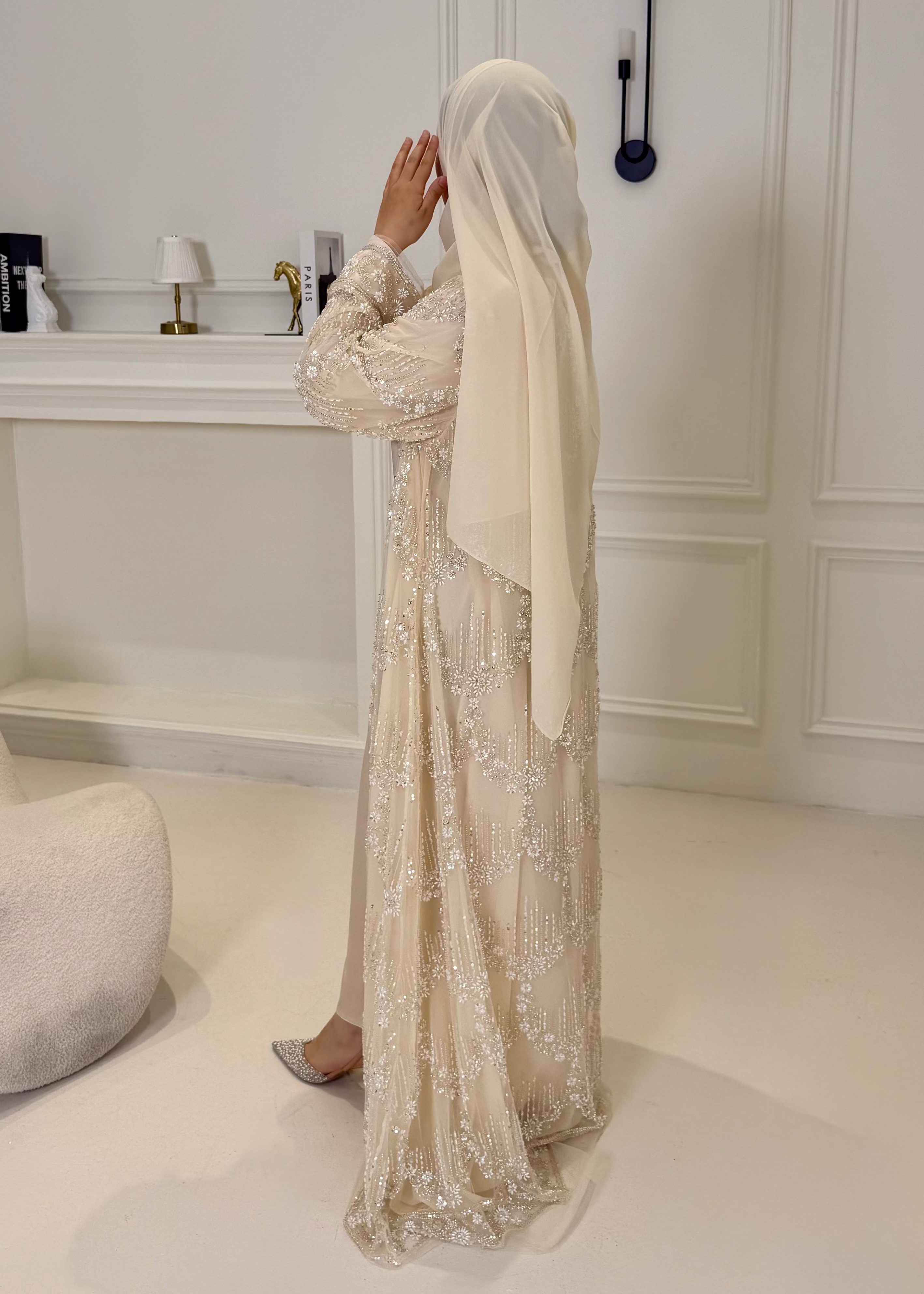 Al Anoud Full Pearl & Strass Luxury Set - Abaya, Dress & Sheila