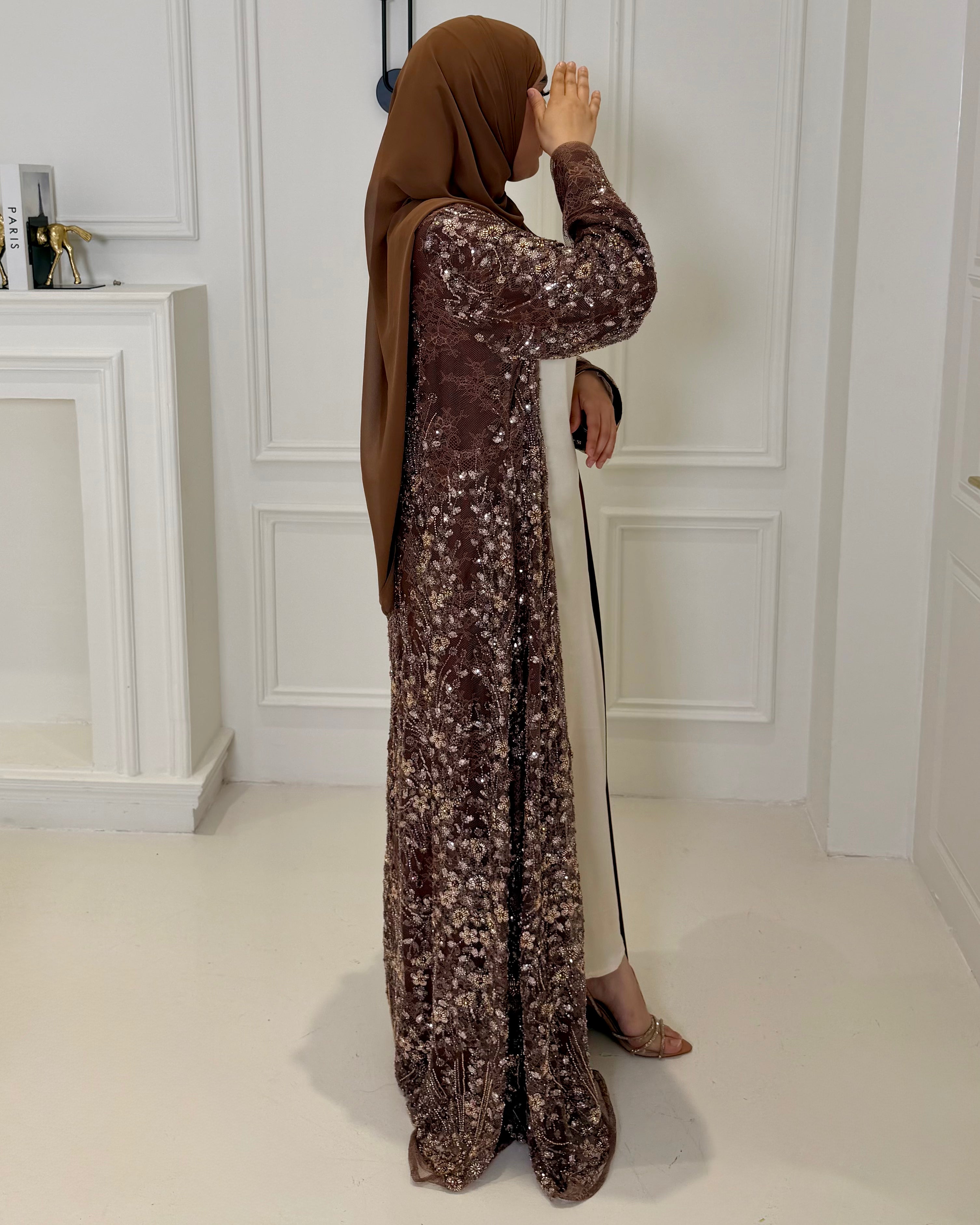 Al Shouq Full Pearl & Strass Luxury Set - Abaya, Dress & Sheila