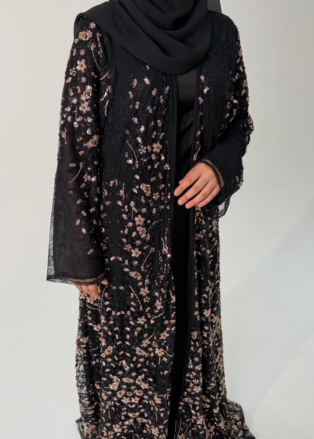 Al Dana Luxe Full Pearl & Strass Luxury Set - Abaya, Dress & Sheila