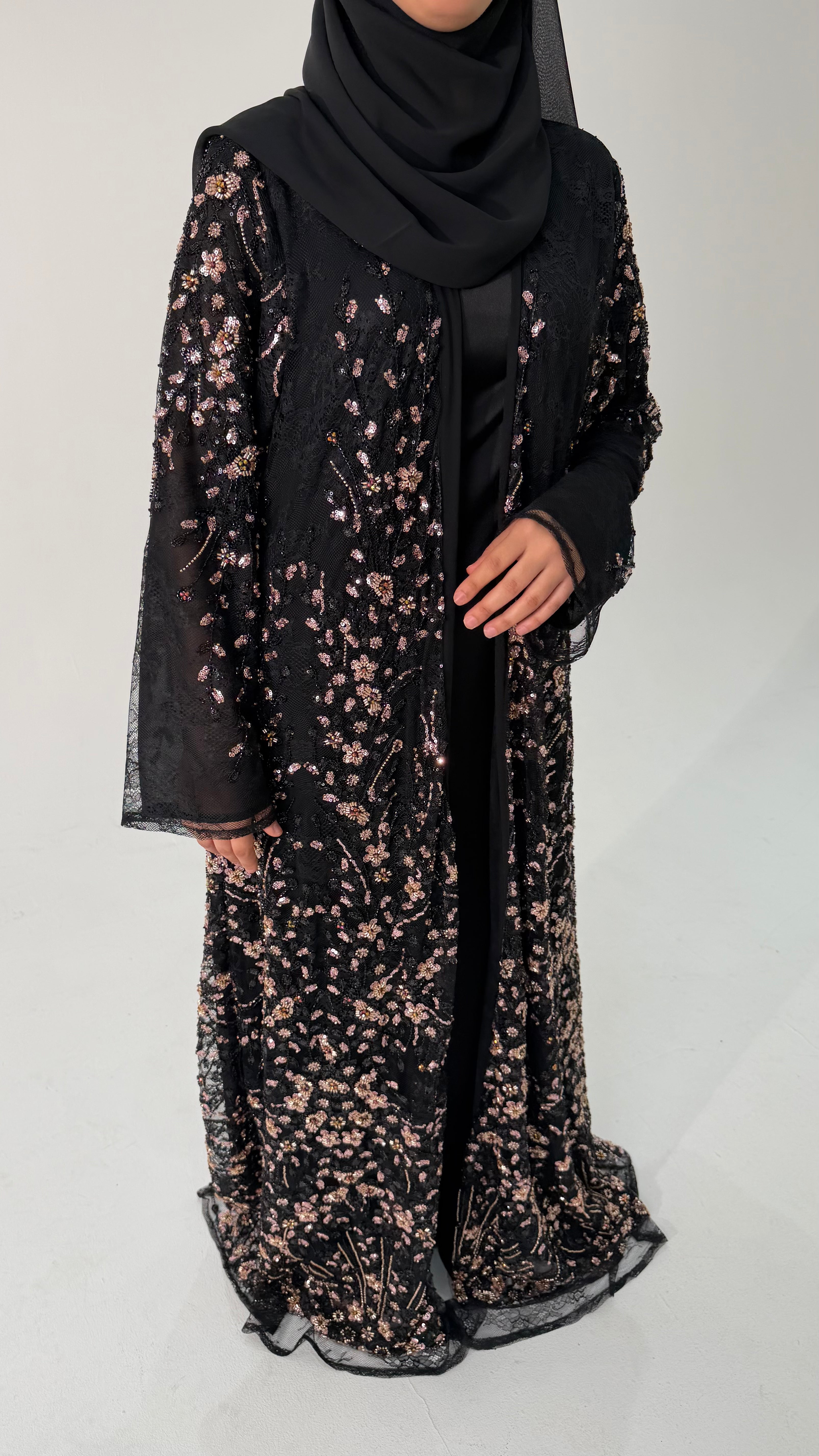 Al Dana Luxe Full Pearl & Strass Luxury Set - Abaya, Dress & Sheila
